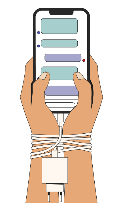 Close-up of hands tied with rope while holding smartphone, depicting email and social media security threats