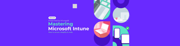 Mastering Microsoft Intune webinar banner showing multiple devices with purple background and zero-touch deployment concept