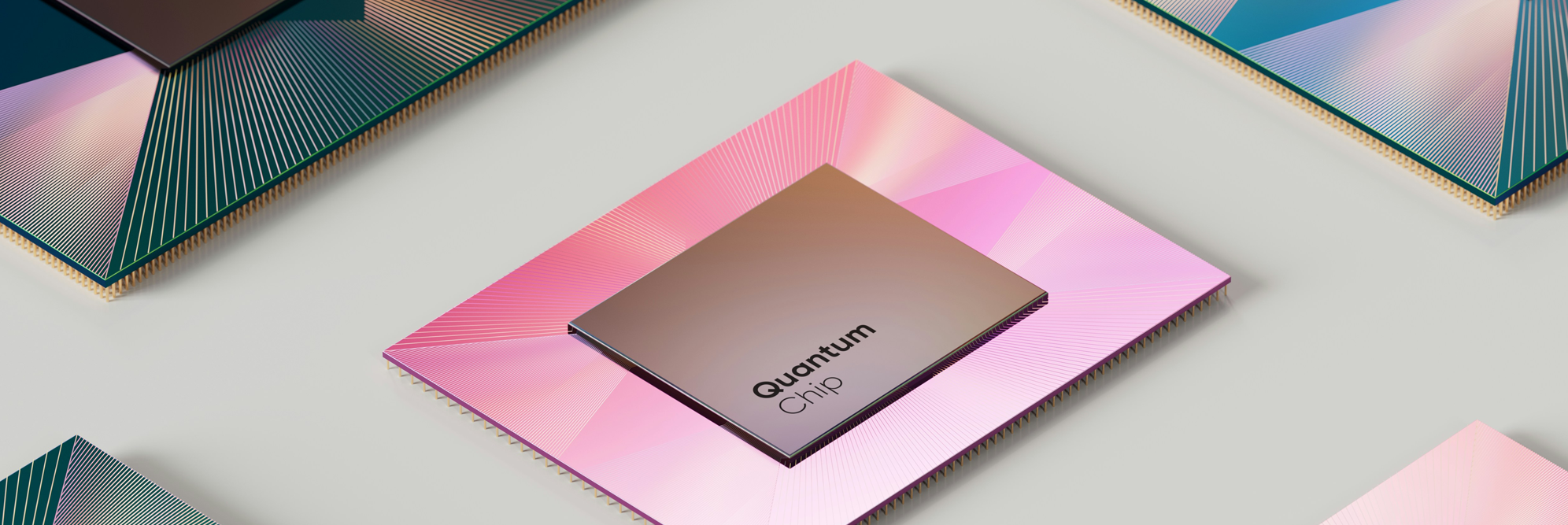 Quantum computing chips with holographic surfaces representing post-quantum cryptography technology and quantum-safe security infrastructure