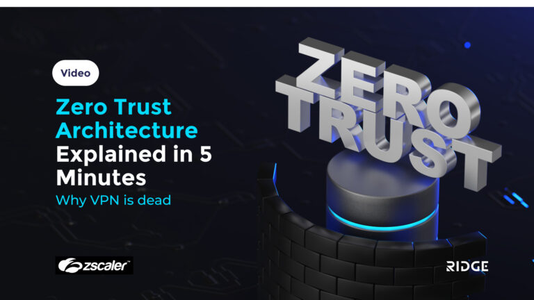 Zero Trust Architecture Explained in 5 Minutes social graphic featuring Zscaler and Ridge IT Cyber — 3D Zero Trust text on dark background with "Why VPN is dead" subtitle