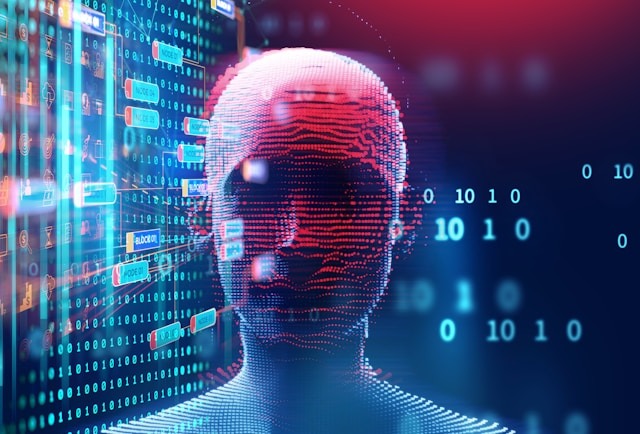 Digital humanoid figure surrounded by binary code representing how AI-powered cyberattacks work
